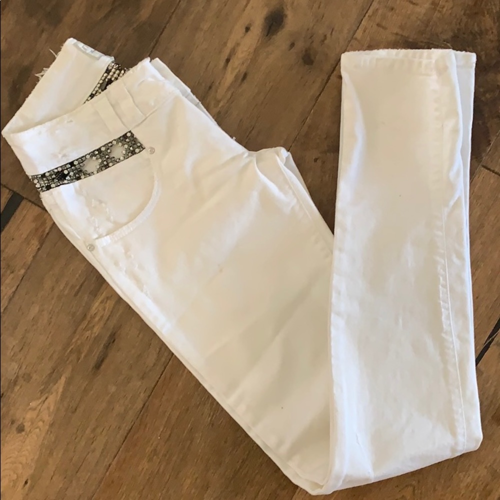 White denim distressed embellished skinny jeans 25